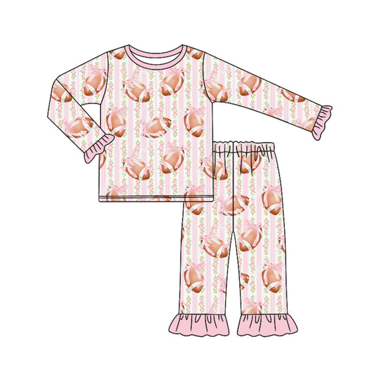 Preorder (moq 5)Baby Girls Long Ruffle Sleeves Pink Stripe Footballs Top Pant Pajamas Sets