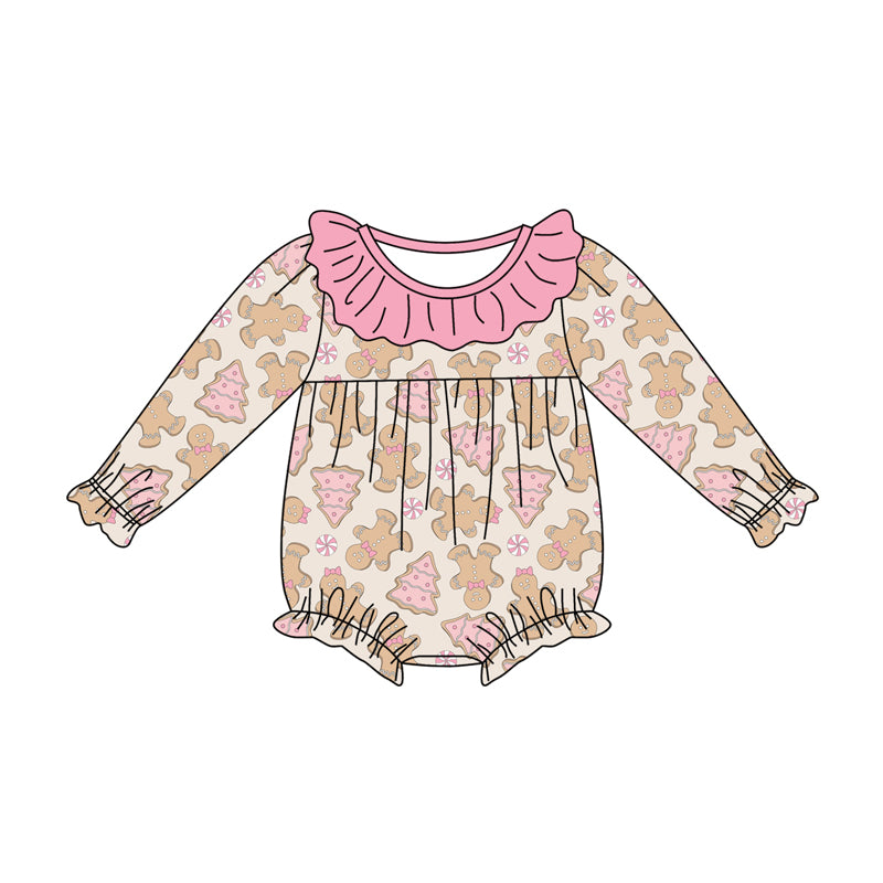 Preorder (moq 5)Baby Girls Long Sleeves Gingerbread Bows Trees Plaid Ruffle Romper