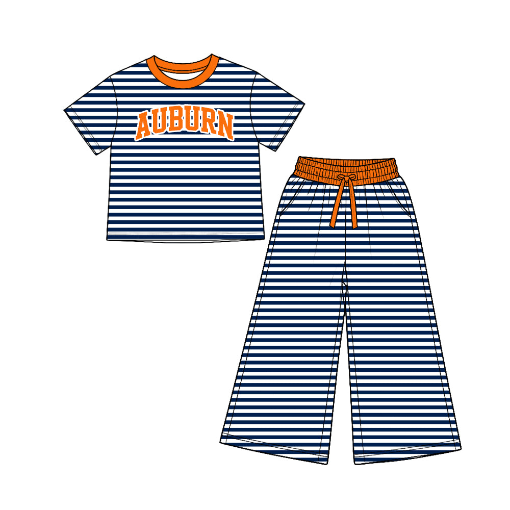Preorder (moq5) Girls’ Black Team Round-Neck Short-Sleeve Striped Letter-Print Top & Elastic-Waist Wide-Leg Pants Set