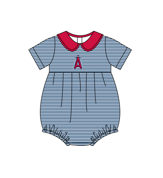 Preorder (moq 5)Baby Girls Short Sleeve Atlanta Braves Stripe Team Ruffle Rompers