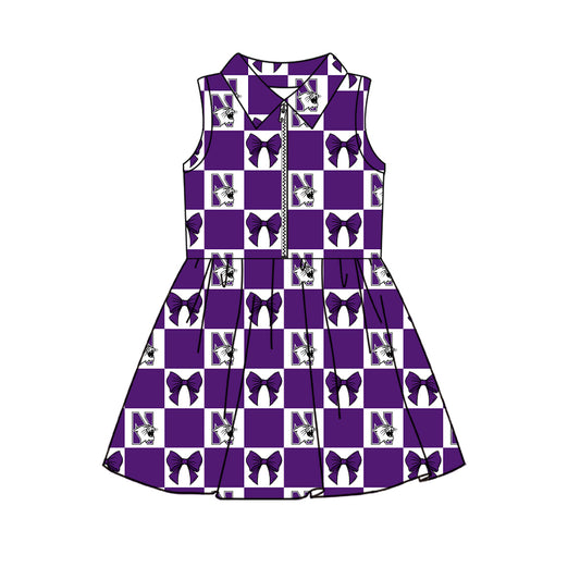 Preorder (moq 5) Baby Girls Sleeveless Bows Northwestern Checked Team Zip Knee Length Dress