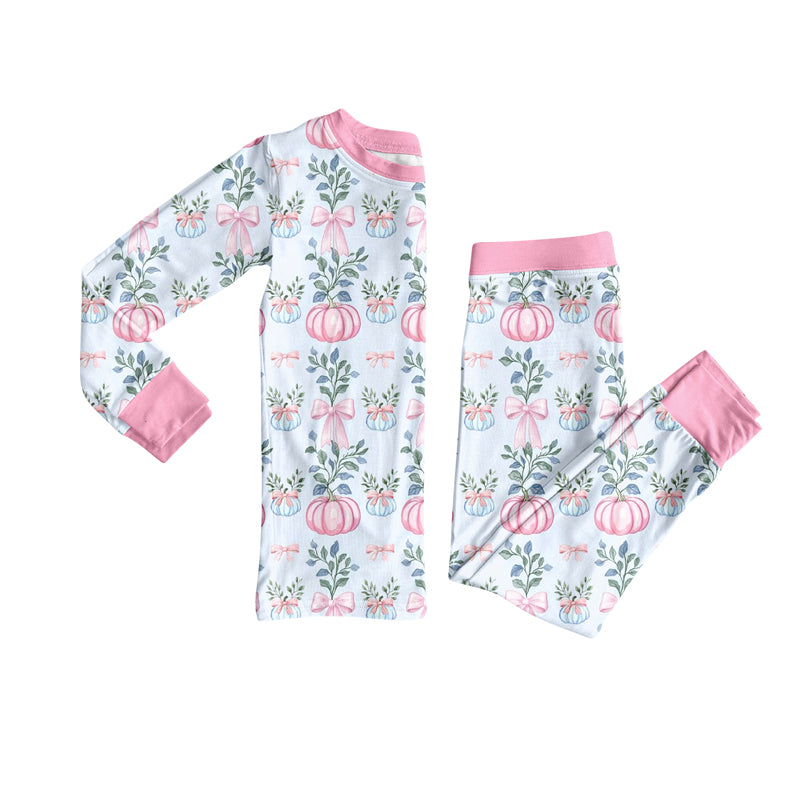 Preorder (moq 5)Baby Girls Long Sleeves Pink Bows Pumpkins Top Pant Pajamas Set