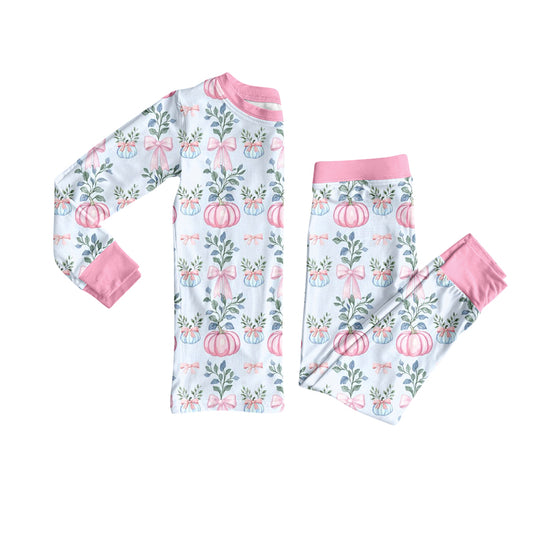 Preorder (moq 5)Baby Girls Long Sleeves Pink Bows Pumpkins Top Pant Pajamas Set