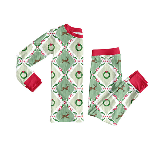 Preorder (moq 5)Baby Girls Long Sleeves Green Holly Deer Plaid Top Pant Pajamas Sets