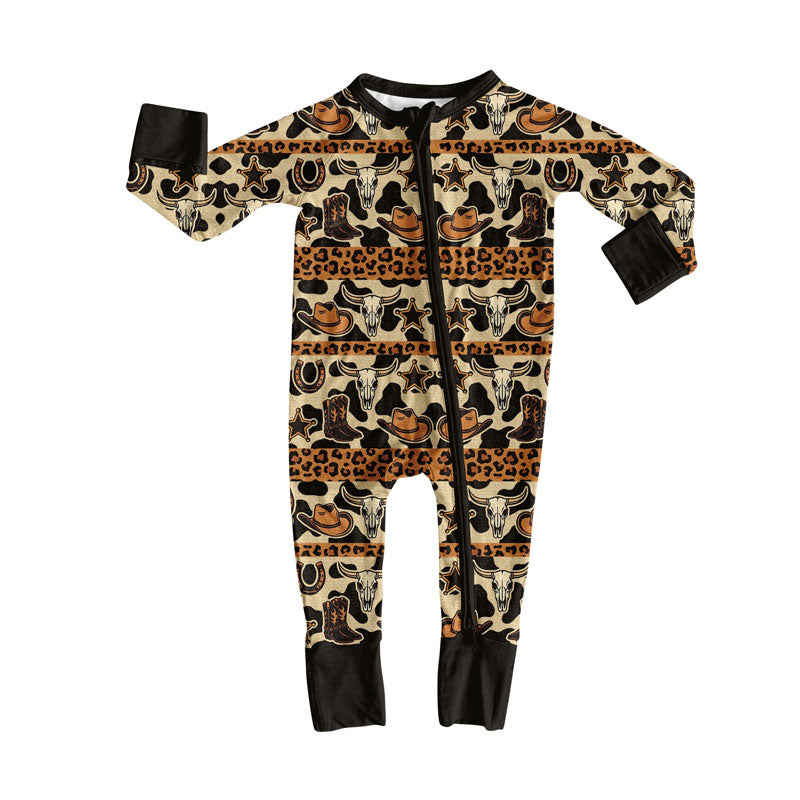Preorder (moq 5)Baby Boys Boots Bull Skulls Leopard Western Zipper Footie Rompers