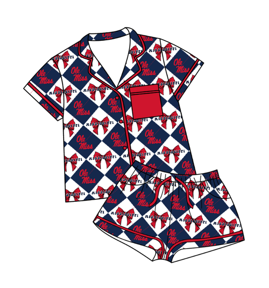 Preorder moq 5 Baby Girls Ole Miss Bows Button Pocket Top Shorts Team Pajamas Set