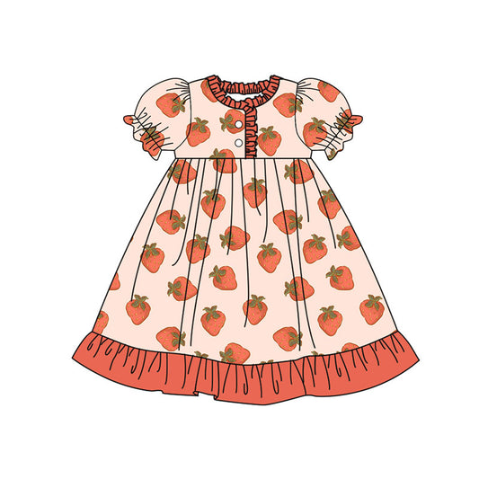 Preorder(moq 5) Baby Girls Berry Happy Strawberry Plaid Button Ruffle Knee Length Dresses