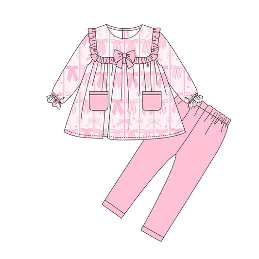 Preorder(moq 8)Baby Girls Pink Stars Bows Pocket Tunic Leggings Valentine Clothes Sets