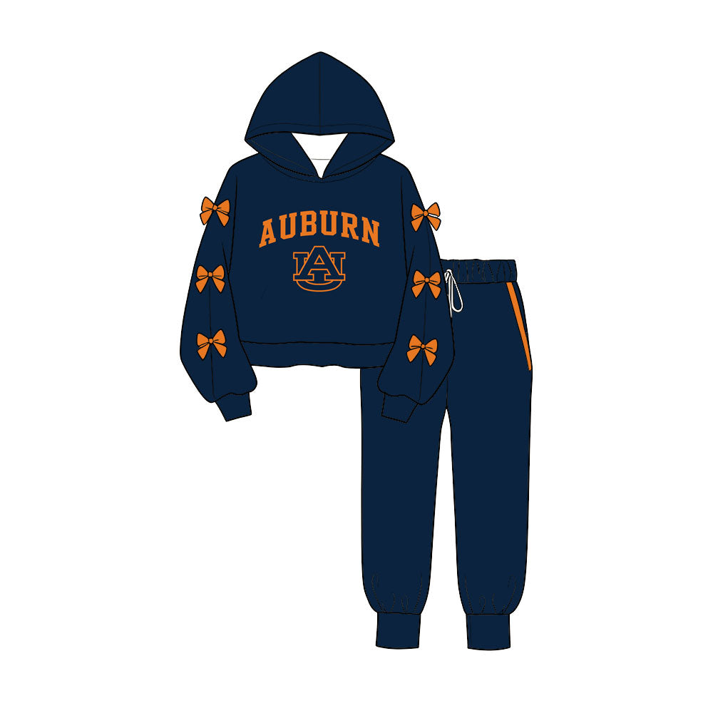 Preorder (moq 5) Baby Girls Bows Sleeves AUBURN Hoodie Pockets Jogger Team Clothes Sets