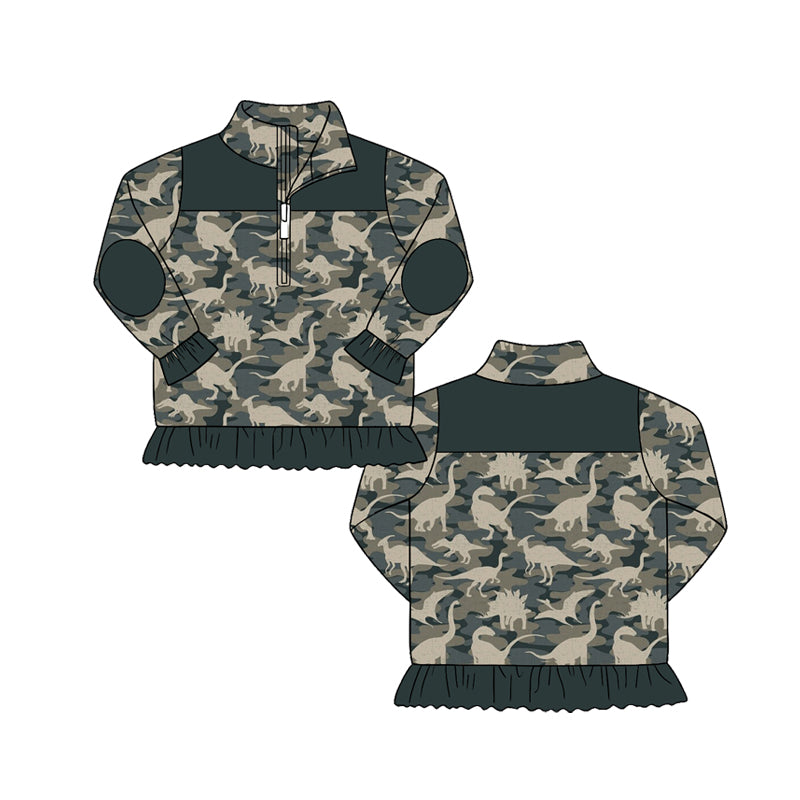 Preorder（moq 5）Girls’ Fall Thanksgiving Camo Dinosaur Half-Zip Top with Ruffle Hem Jacket