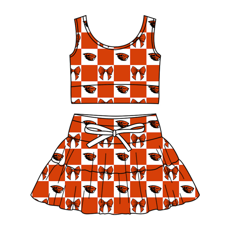 Preorder (moq 5)Baby Girls Oregon State Beavers Bows Checked Vest Skirt Short Team Clothes Sets