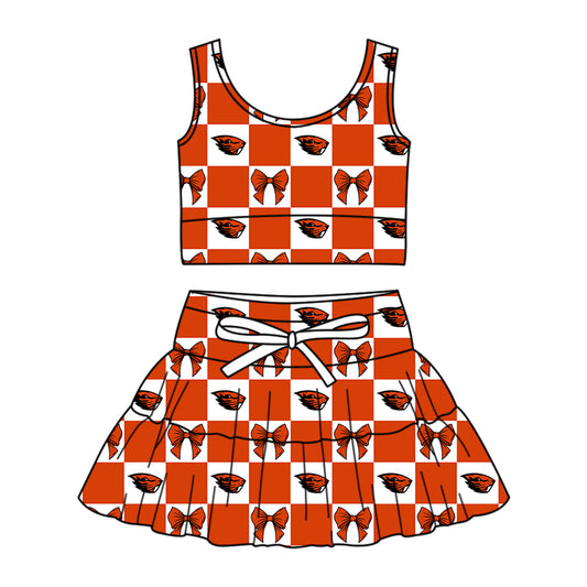 Preorder (moq 5)Baby Girls Oregon State Beavers Bows Checked Vest Skirt Short Team Clothes Sets