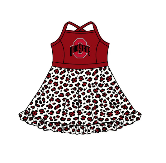 Preorder (custom moq 5)Baby Girls Strap Leopard Ohio State Short Ruffle Team Knee Length Dress