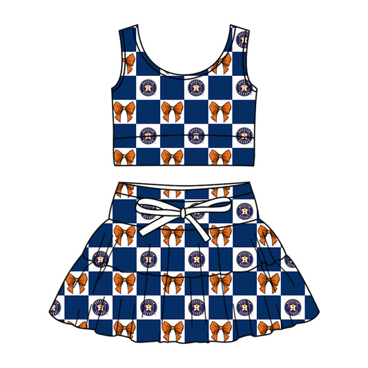Preorder (moq 5)Baby Girls H Stars Bows Checked Vests Top Skirt Short Team Clothes Sets