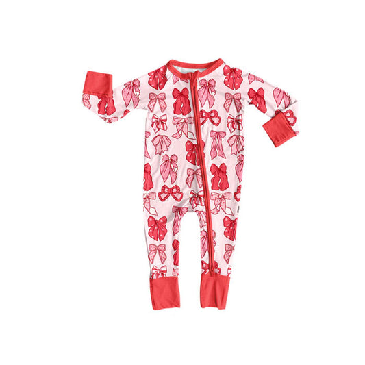 Preorder(moq 8)Baby Girls Red Hearts Bows Plaid Valentine Zipper Footie Rompers