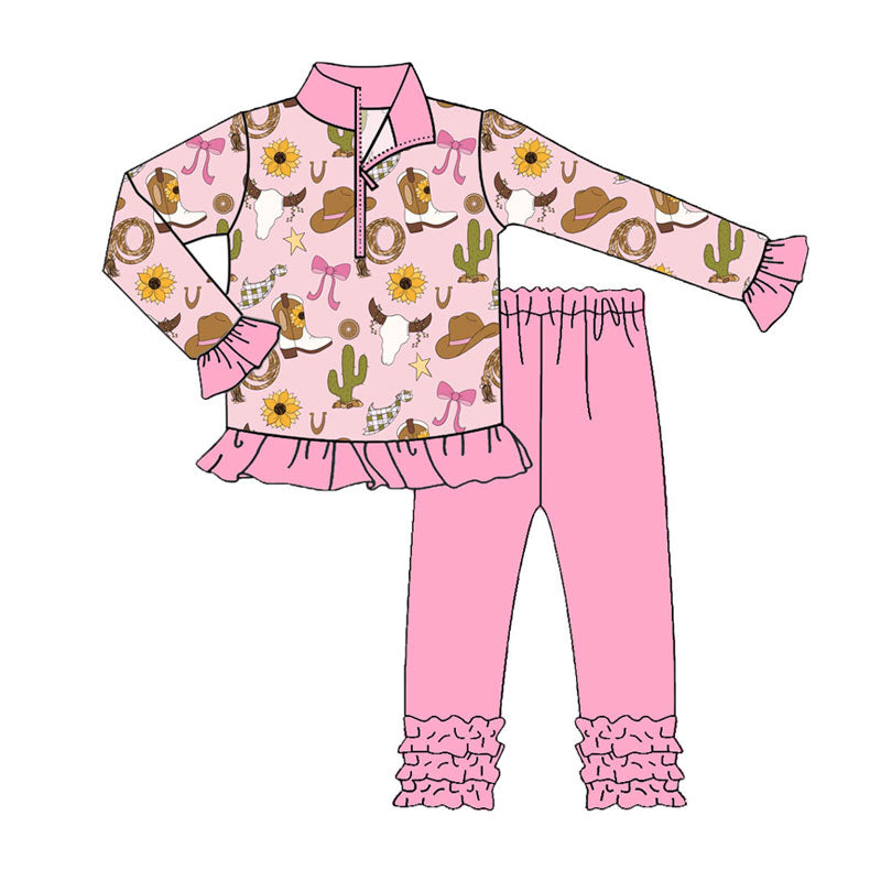 Preorder (moq 5)Baby Girls Pink Cactus Hats Bull Skulls Zipper Pullover Ruffle Leggings Western Clothes Sets