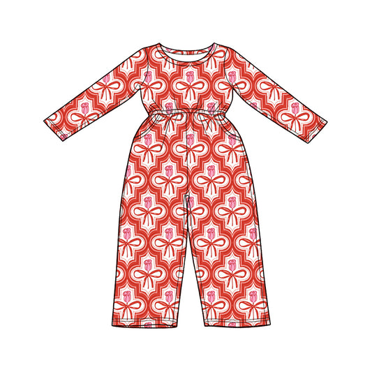Preorder (moq 5) Baby Girl Clothes Red Bow Rose Geometric Mixed Print Long Sleeve Jumpsuit