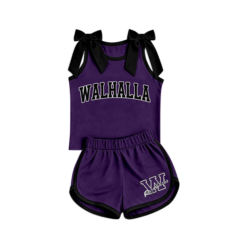 Preorder (moq 5)Baby Girls Purple Black Bows Walhalla Top Short Team Clothes Set