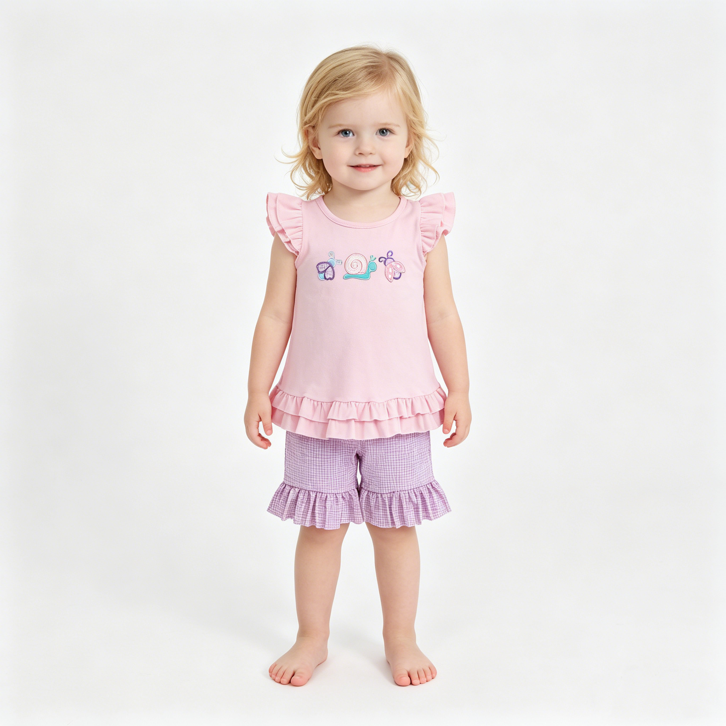 Embroidery Ladybirds Snails Baby Girls Tunic Ruffle Shorts Clothes Sets