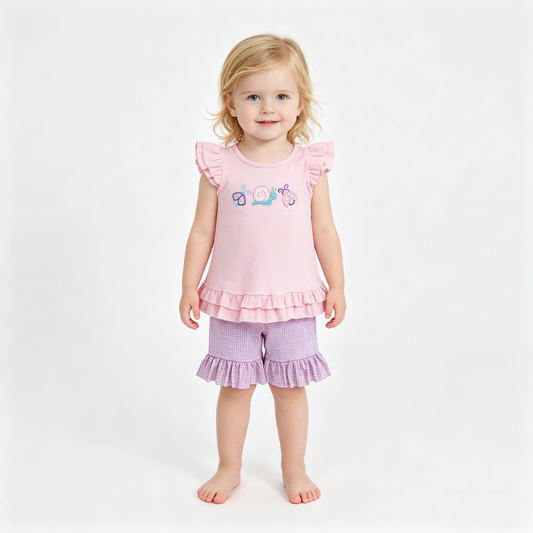 Embroidery Ladybirds Snails Baby Girls Tunic Ruffle Shorts Clothes Sets