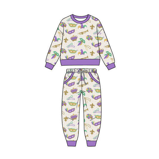 Preorder (moq5) Baby Girl Clothes Mardi Gras Mask Crown Print Long Sleeve Sweatshirt Jogger Pant Set