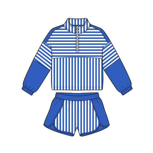 Preorder (moq 5)Baby Girls Long Sleeve Blue Stripe Zip Pullovers Short Clothes Set