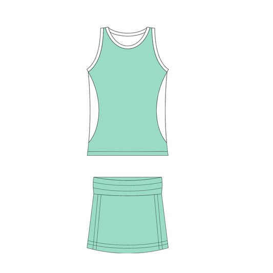 Preorder moq 10 Baby Girls Green Sleeveless Activity Wear Vest Top Short Skirts Yoga Set
