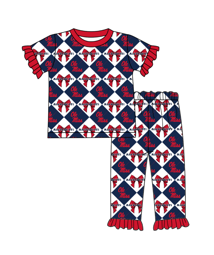 Preorder moq 5 Baby Girls Short Sleeve Ole Miss Bows Top Ruffle Pants Team Clothes Set