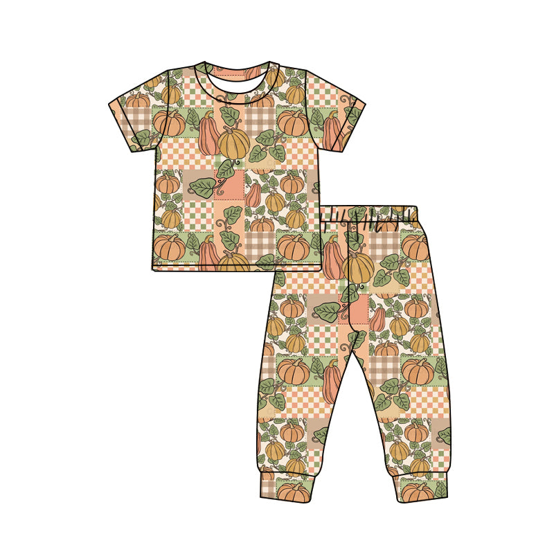 Preorder (moq 5)Baby Boys Short Sleeves Pumpkins Plaid Top Pant Pajamas Sets