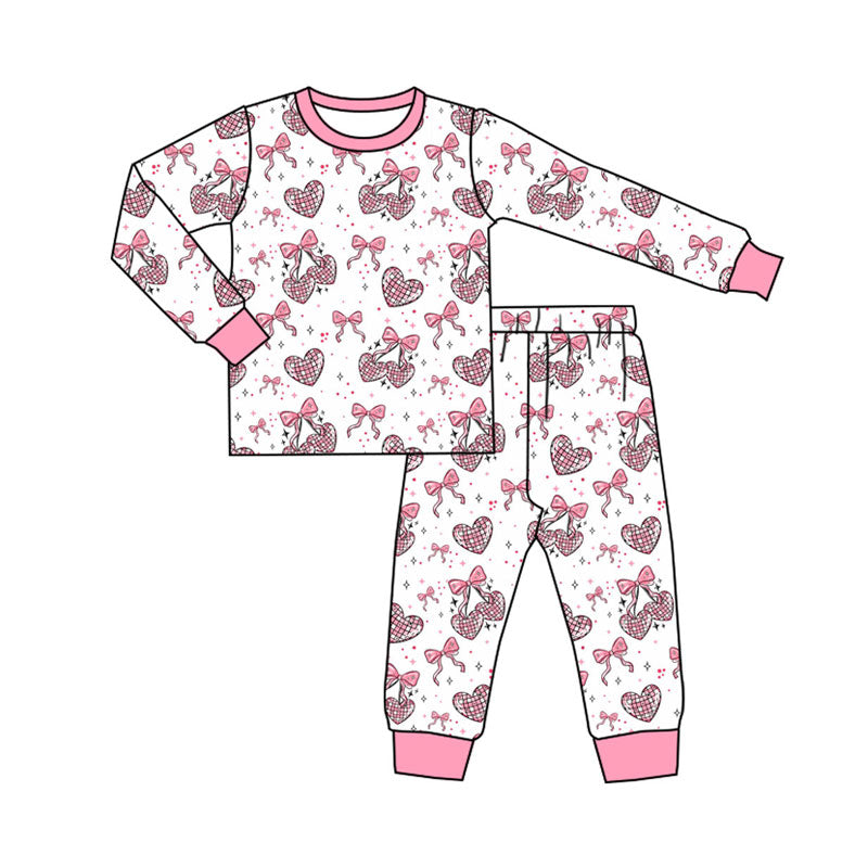Preorder (moq 5)Baby Girls Pink Bows Hearts Top Pants Valentine Pajamas Sets
