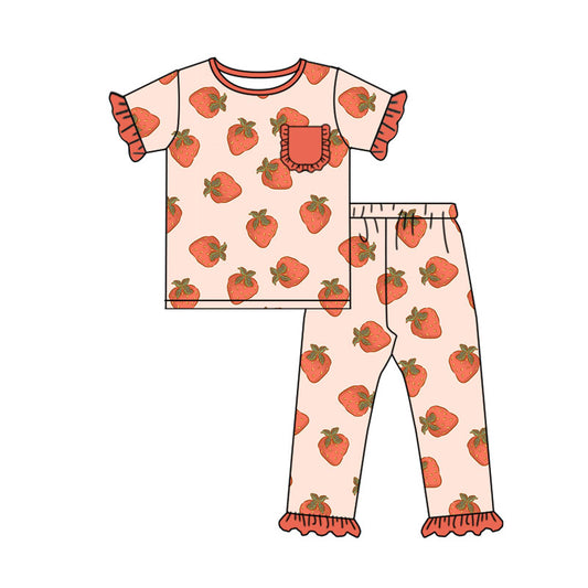Preorder(moq 5) Baby Girls Berry Happy Strawberry Pockets Top Ruffle Pants Pajamas Sets