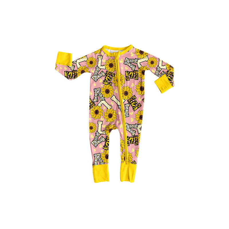 Preorder (moq 5)Baby Girls Love Sunflowers Valentine Zipper Footie Rompers
