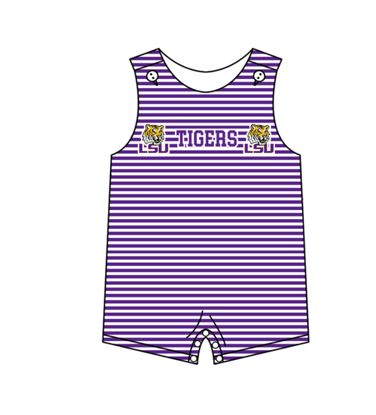 Preorder (moq 5)Baby Boys Sleeveless LSU Tigers Purple Stripe Team Rompers