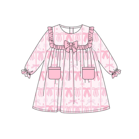 Preorder(moq 8)Baby Girls Pink Stars Bows Pocket Valentine Knee Length Dresses