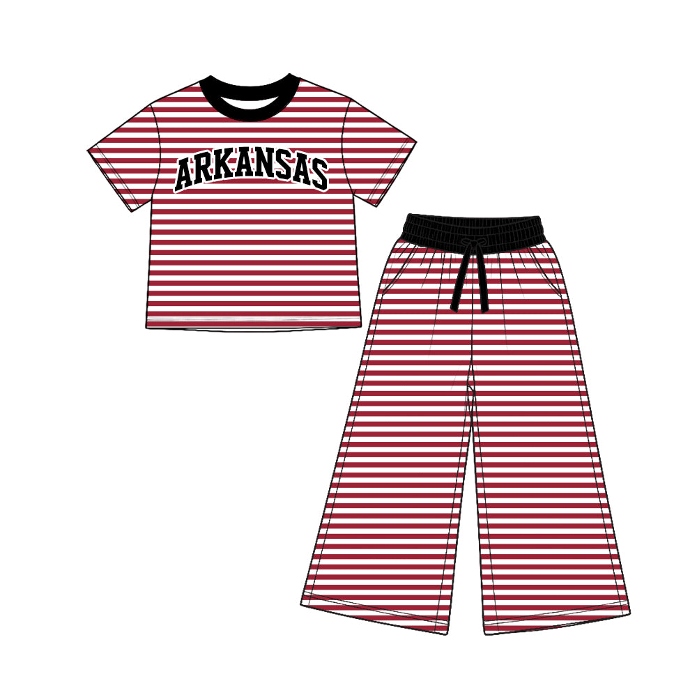 Preorder (moq5) Girls’ Black &Pink Team Round-Neck Short-Sleeve Striped Letter-Print Top & Elastic-Waist Wide-Leg Pants Set