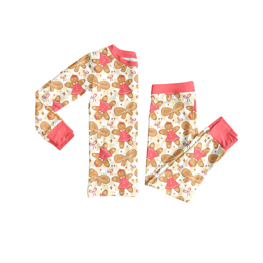Preorder (moq 5)Baby Girls Long Sleeves Peach Bows Gingerbread Top Pant Pajamas Sets