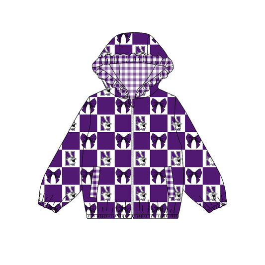 Preorder (moq 5) Baby Girls Bows Northwestern Checked Team Ruffle Hoodie Tops