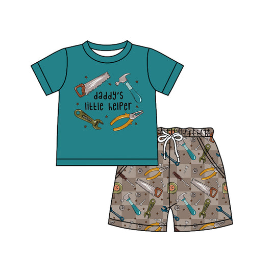 Preorder moq 5 Baby Boys Green Short Sleeves Daddy's Tools Top Pockets Shorts Set