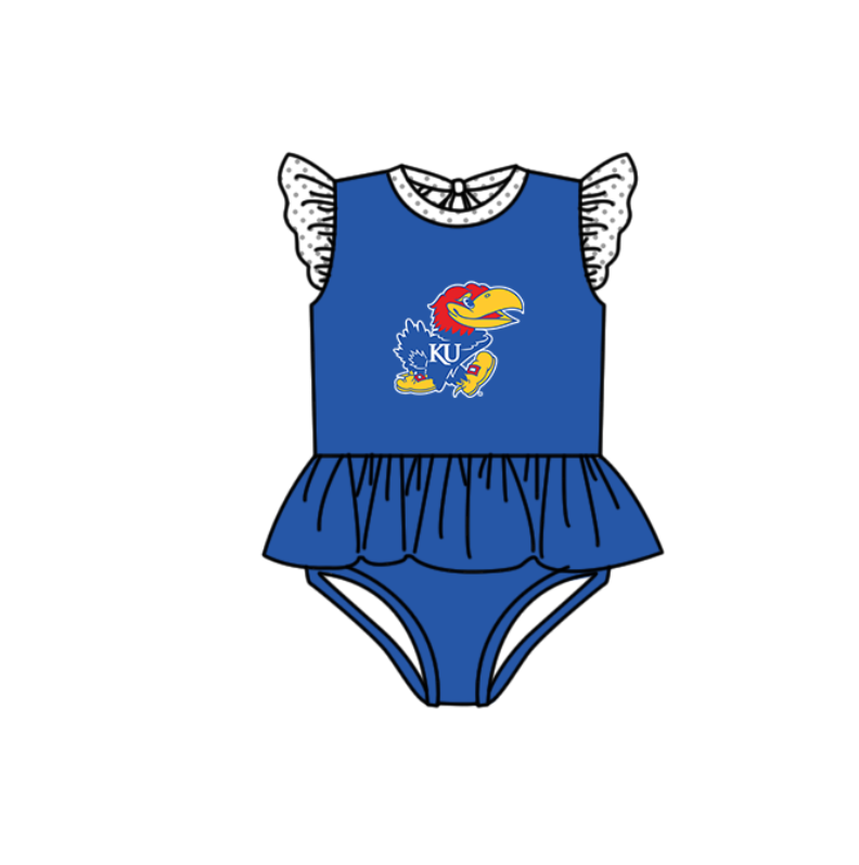 Preorder moq 5 Baby Girls Blue Flutter Sleeve KU Team Swimsuits