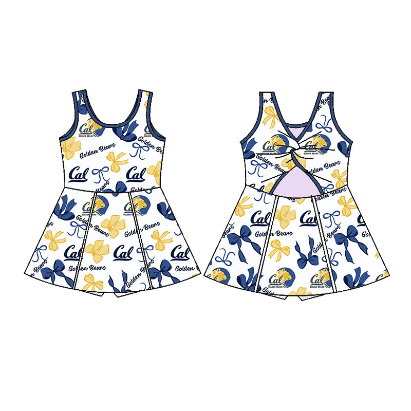 Preorder (moq 5)Baby Girls Blue Sleeveless Bows Plaid Golden Bears Shorts Team Knee Length Dresses