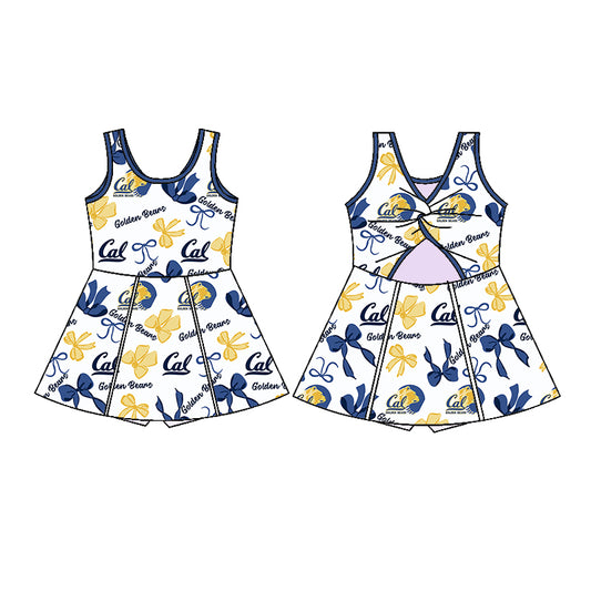 Preorder (moq 5)Baby Girls Blue Sleeveless Bows Plaid Golden Bears Shorts Team Knee Length Dresses