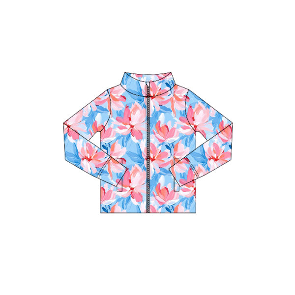 Preorder (moq 5)Baby Girls Long Sleeves Blue Red Watercolor Flowers Zipper Pockets Yoga Jackets Top