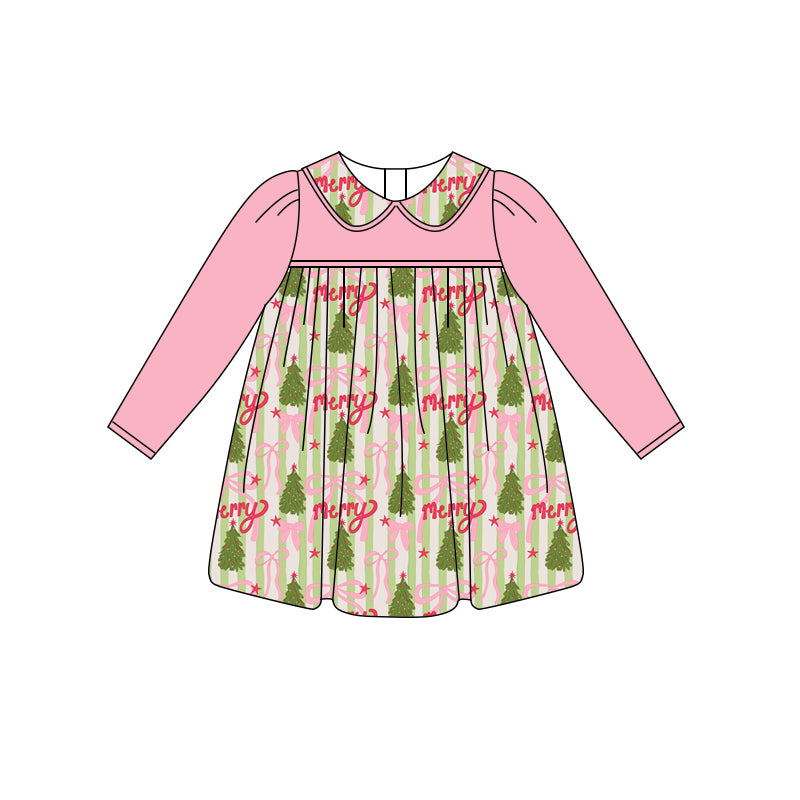 Preorder (moq 5)Baby Girls Pink Long Sleeves Trees Bows Stripe Knee Length Dresses