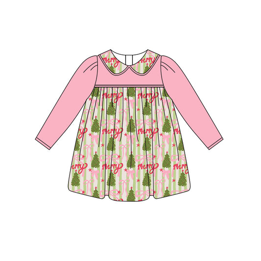 Preorder (moq 5)Baby Girls Pink Long Sleeves Trees Bows Stripe Knee Length Dresses