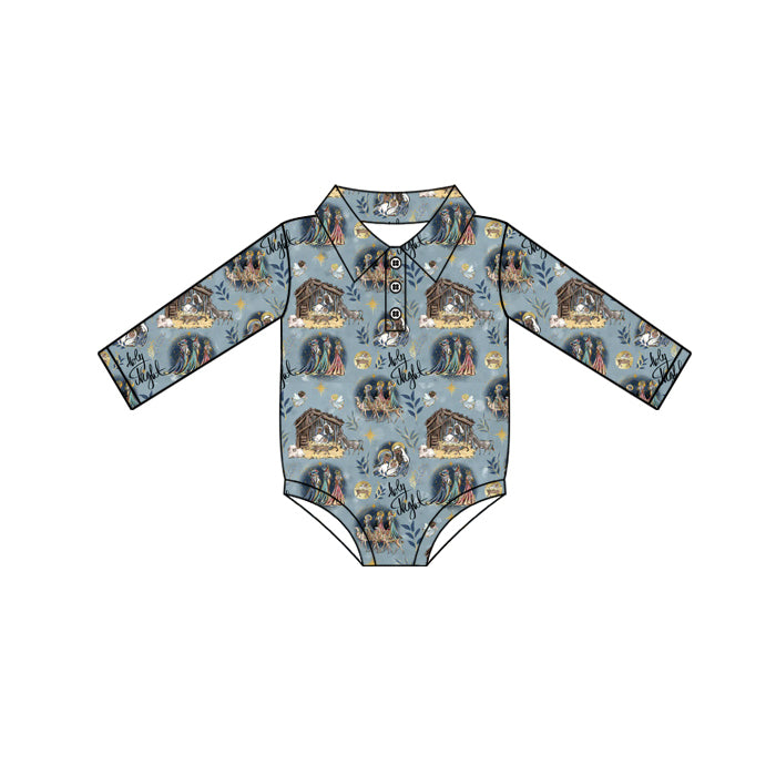 Preorder moq 5 Baby Infant Boys Long Sleeves Christmas Nativity Plaid Button Rompers
