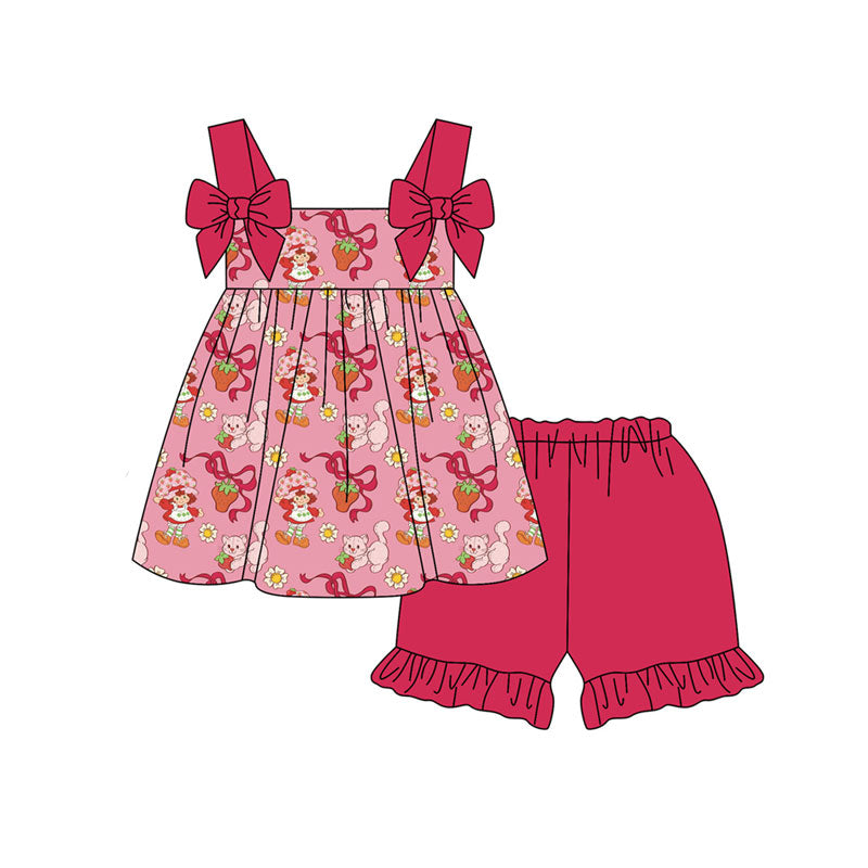 Preorder (moq 5)Baby Strawberry Girls Bows Flowers Strap Tunic Ruffle Shorts Clothes Sets