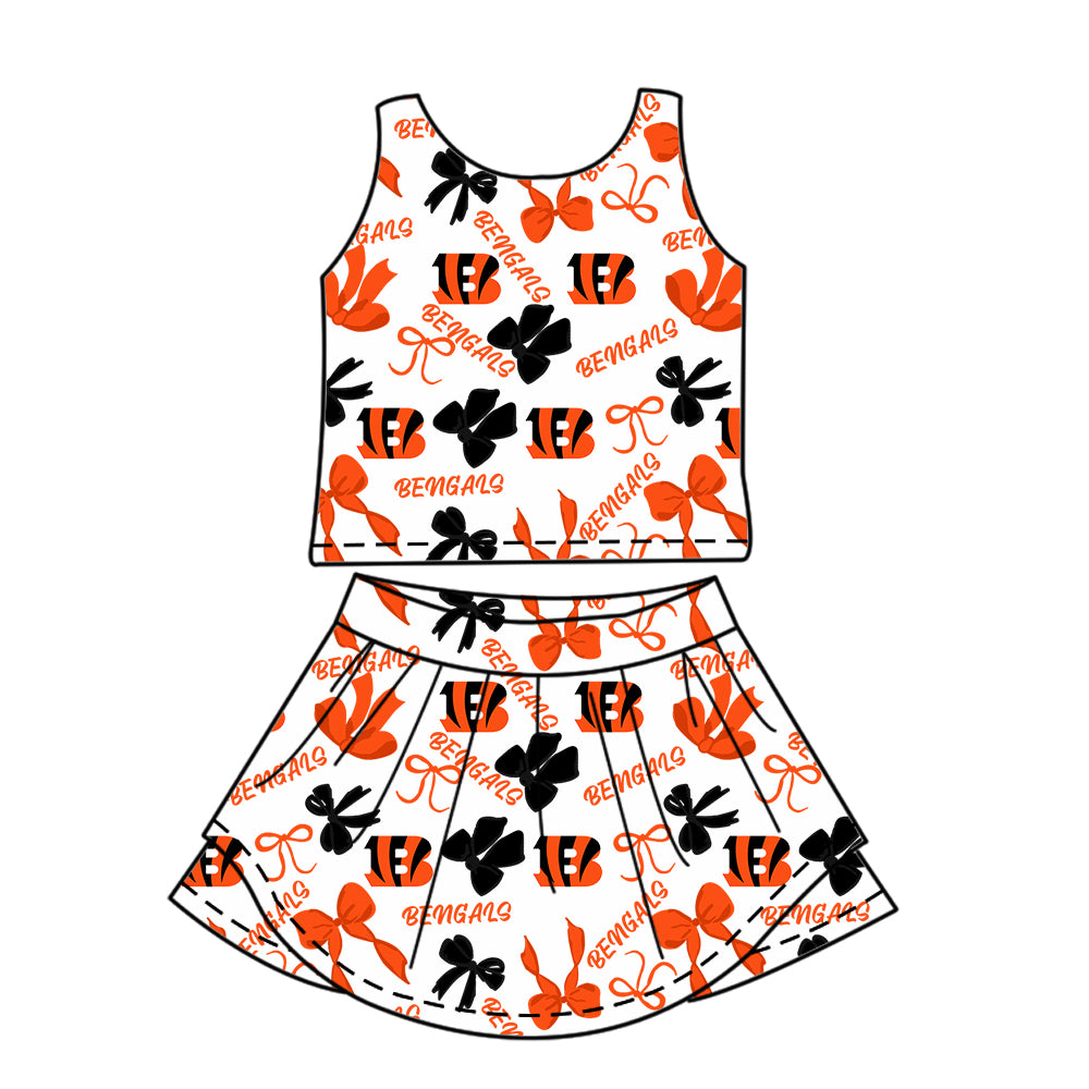 Preorder (moq 5)Baby Girls Red Short Sleeves Bengals Bows Plaid Top Skorts Team Set