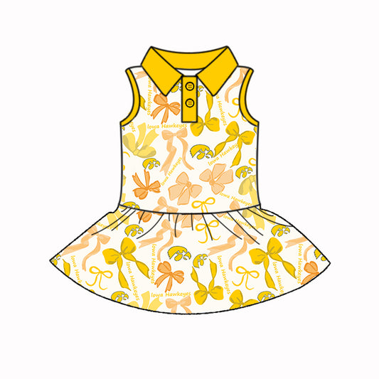 Preorder (moq 5)Baby Girls Yellow Sleeveless Bows Plaid Button Team Knee Length Dresses