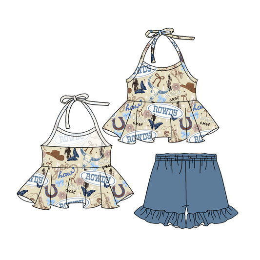 Preorder (moq 5)Baby Girls Blue Strap Bull Skull Tunic Ruffle Shorts Clothes Sets