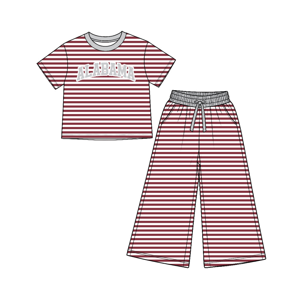 Preorder (moq5) Girls’ Black & Pink Team Round-Neck Short-Sleeve Striped Letter-Print Top & Elastic-Waist Wide-Leg Pants Set